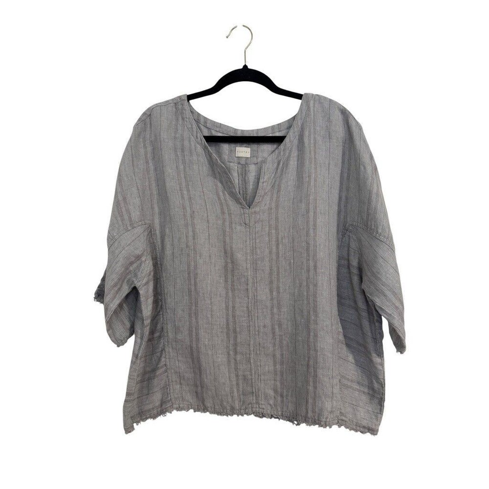POETRY Women's US 12 Gray Striped Linen Tunic Top 3/4 Dolman Sleeve Boho V-Neck